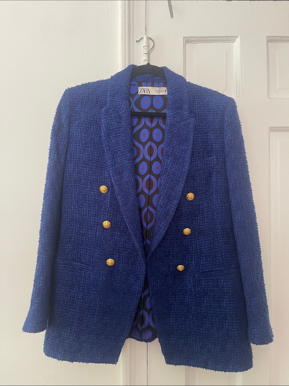 Zara Women’s Cobalt Blue Double-Breasted Bouclé Blazer with Gold Buttons